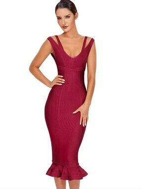 V-Neck Burgundy Midi Bodycon Dress with Ruffle Hem